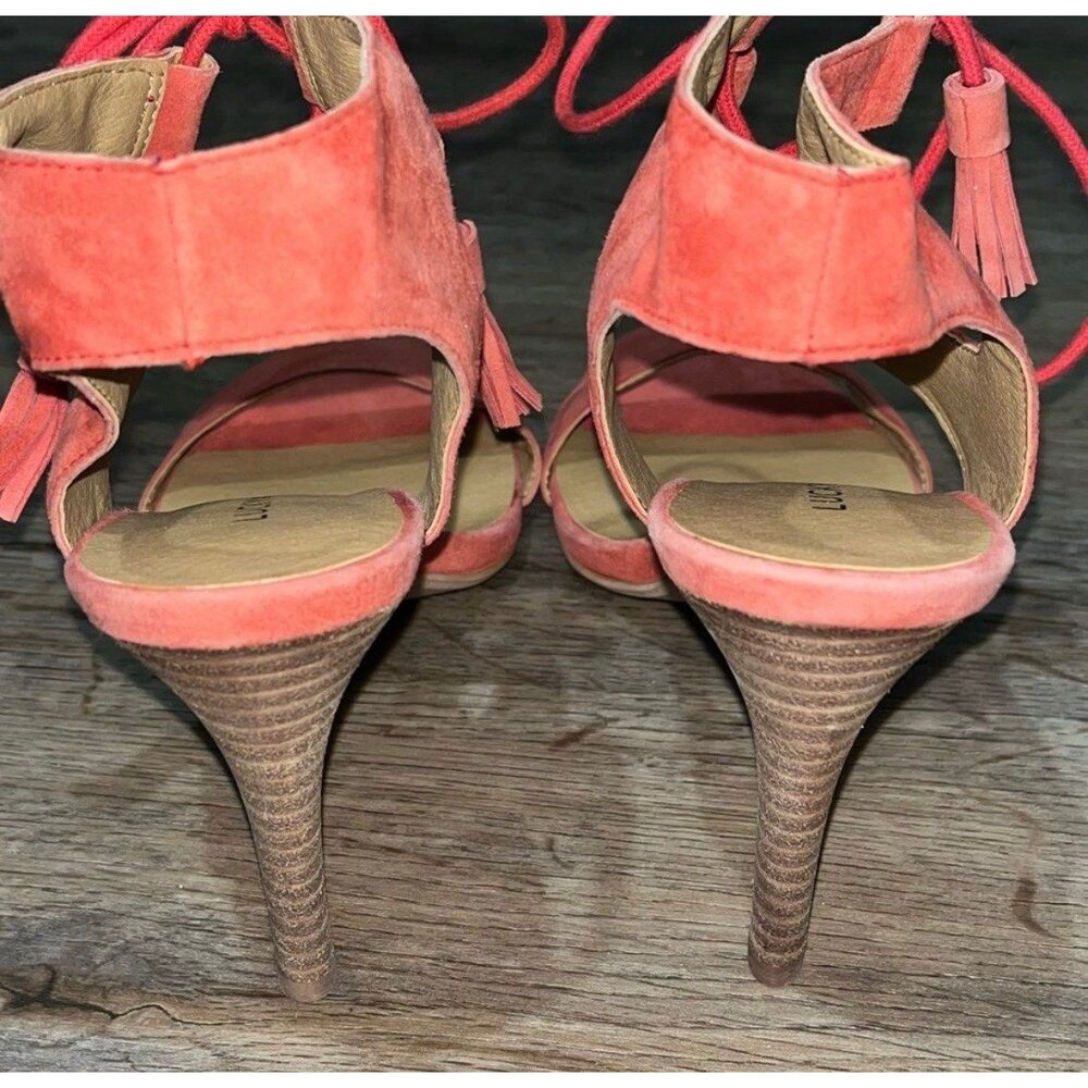 Lucky Brand Uzelia Coral Red Suede Ghillie Lace Up Caged Sandal Heels Size 8 - Picture 5 of 6